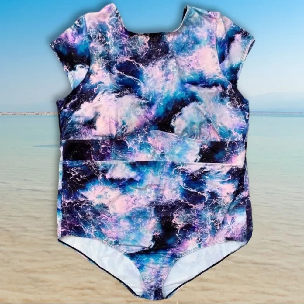 Torrid Blue Ocean Waves Active Wireless Scoop Back One Piece Swimsuit NEW - Picture 5 of 14